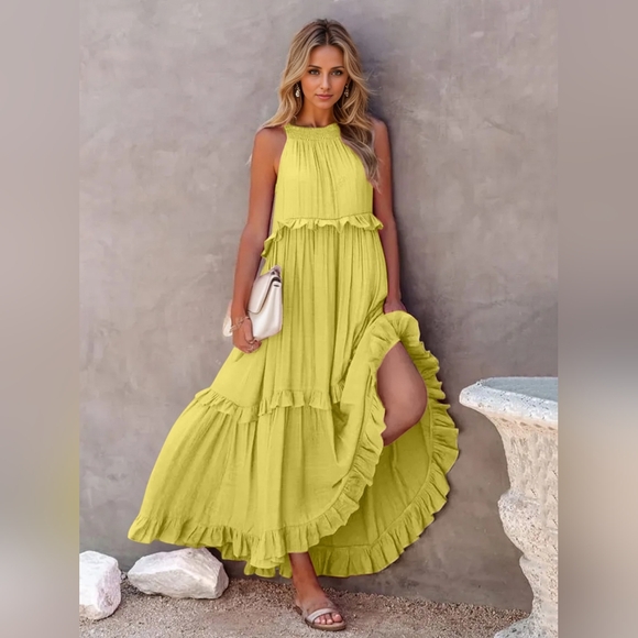 Ruffle Sleeveless Tie Back Tiered Summer Pocket Oversized High-Low Maxi Dress - Picture 6 of 13